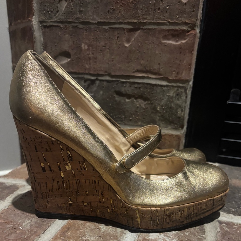 Christian Louboutin Metallic Gold Leather Cork Platform Wedge Mary Jane - Picture 3 of 16